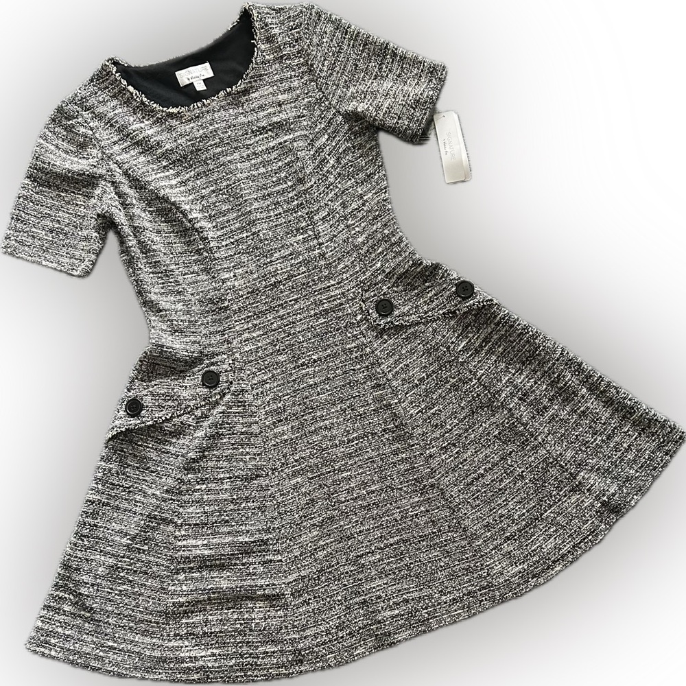 🆕Signature by Robbie Bee Petite Medium  Black and White Tweed Fit & Flare Dress
